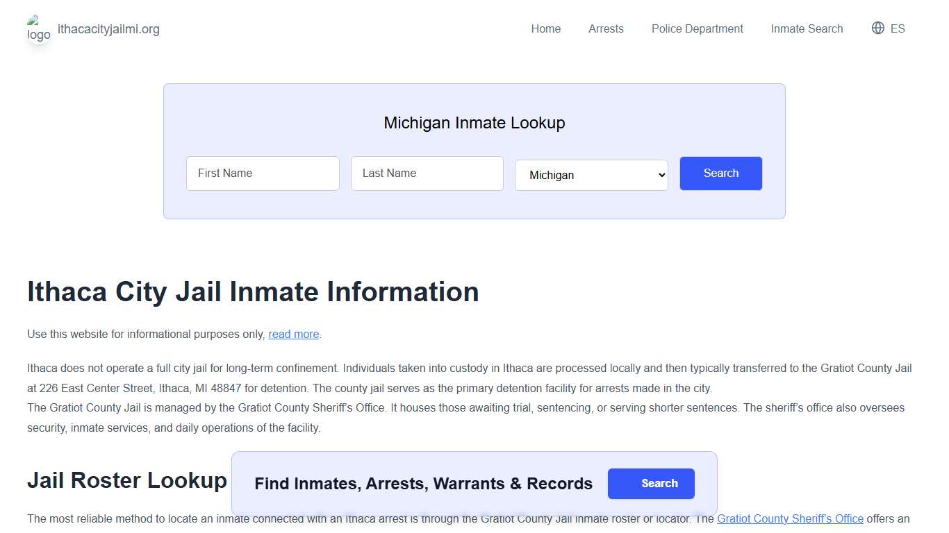 Ithaca Jail, MI Inmate Roster, Municipal Jail Info